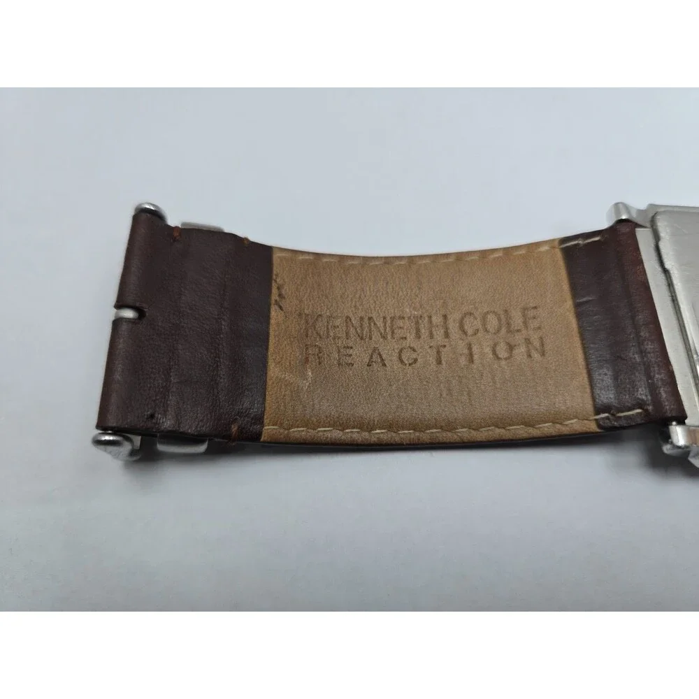 Kenneth Cole Reaction Mens Tank Brown Dial Date Leather Watch New Battery *READ